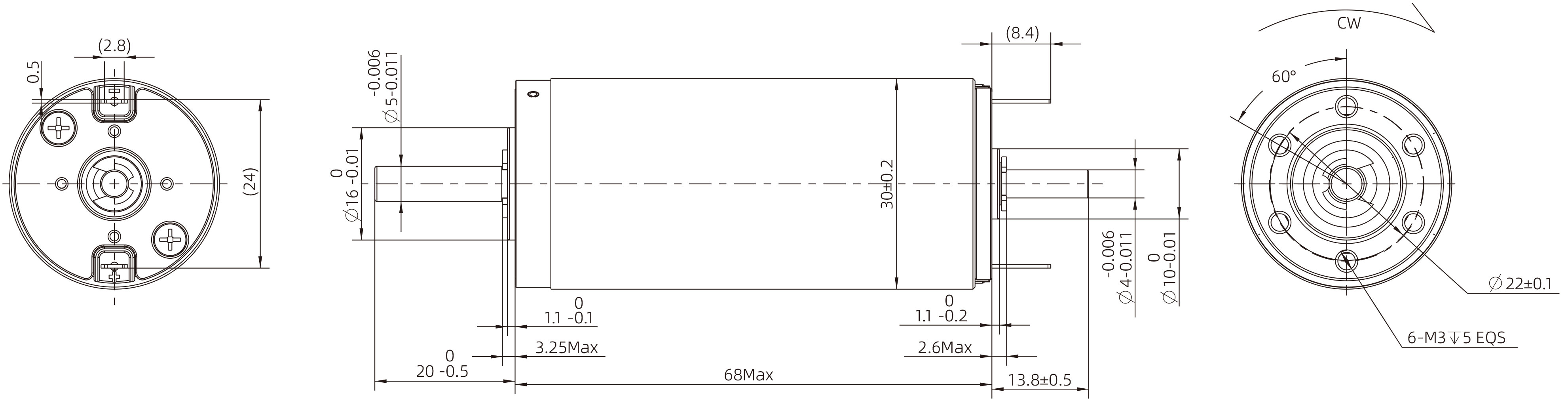 Brushed Coreless DC Motor Size 30mm Dimensional Drawing
