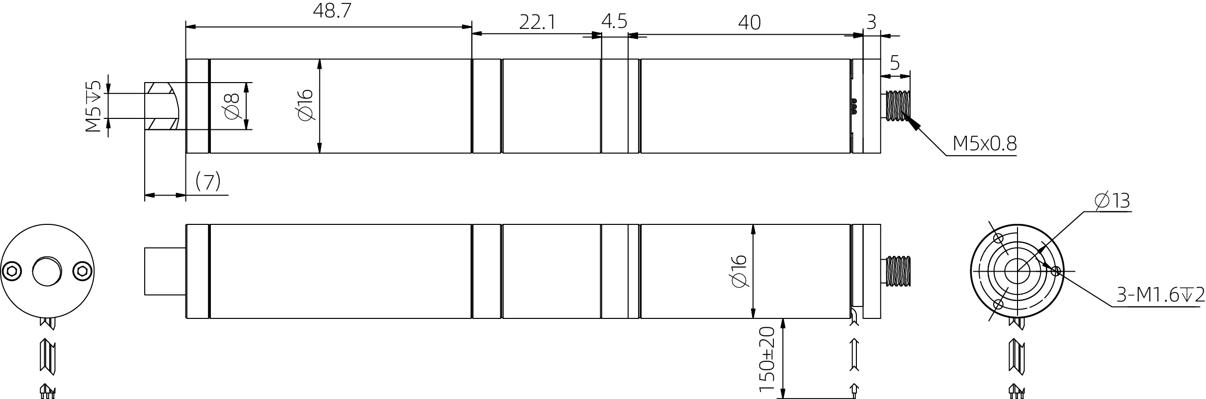 16mm コアレスプッシュロッドアクチュエータ外形寸法